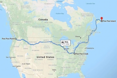 79h drive mapped in N America from Poo Poo Point to Pee Pee Island with a stop off in Pee Pee Creek