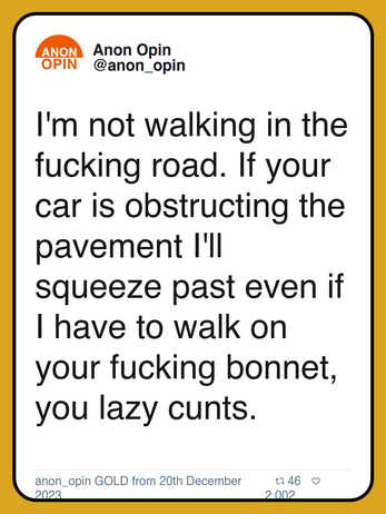 I'm not walking in the fucking road. If your car is obstructing the pavement I'll squeeze past even if I have to walk on your fucking bonnet, you lazy cunts.

anon_opin GOLD from 20th December 2023