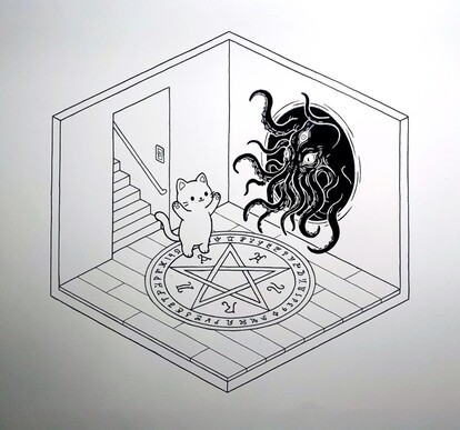 A high contrast cartoon in the cosy kawaii style of an isometric basement with a pentagram, magic circle, and sigils painted on the floor. An innocent looking cartoon cat raises its paws in a summoning gesture. A tentacle headed monster with three eyes is emerging from a swirling black void portal in one wall.